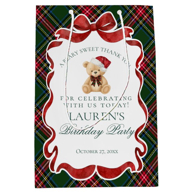 Bolsa De Regalo Mediana Green Tartan Plaid Christmas Bear Birthday Favors (Anverso)