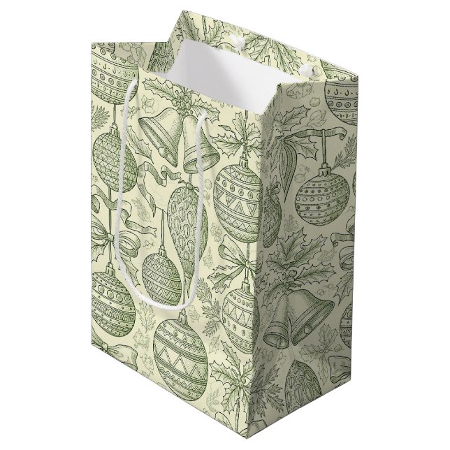 Bolsa De Regalo Mediana Green Toile Christmas Bells & Ornaments Pattern 2 (Angulo Anverso)