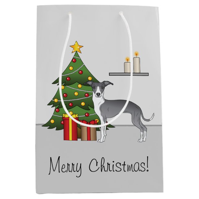 Bolsa De Regalo Mediana Greyhound Italiano Azul Y Blanco Y Árbol Navidad (Anverso)