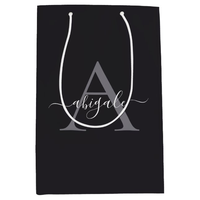 Bolsa De Regalo Mediana Gris monogramado negro de carbón vegetal | Elegant (Anverso)