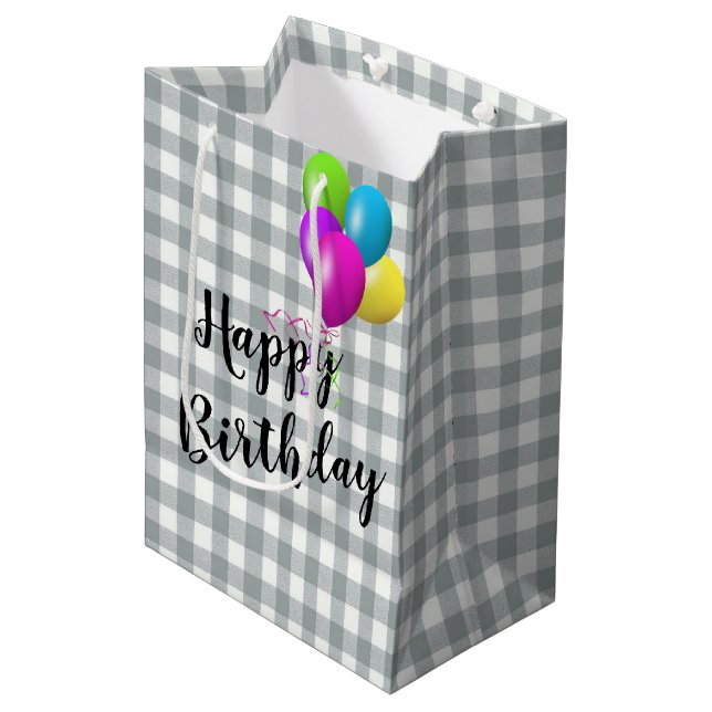 Bolsa De Regalo Mediana Gris y Gingham blanco de cumpleaños (Angulo Anverso)
