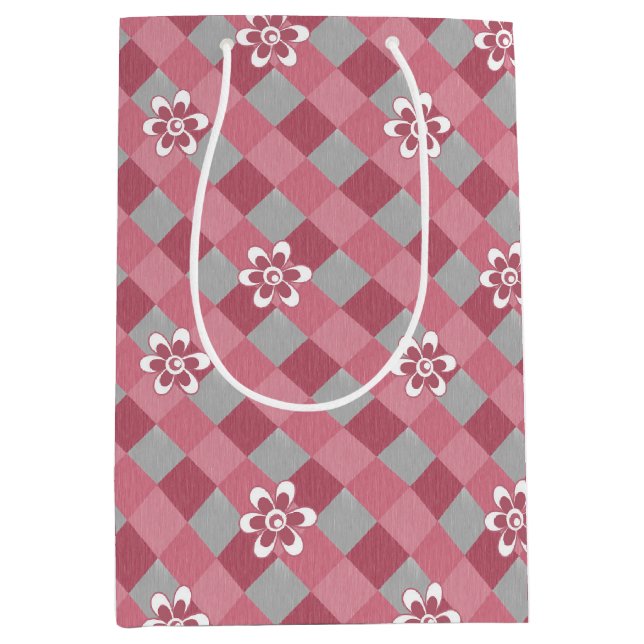 Bolsa De Regalo Mediana Gris y rosa graso con flores de camomila (Anverso)