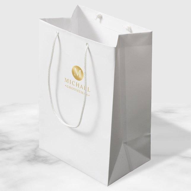 Bolsa De Regalo Mediana Groomsmen Masculino Blanco y Oro Personalizado (Subido por el creador)