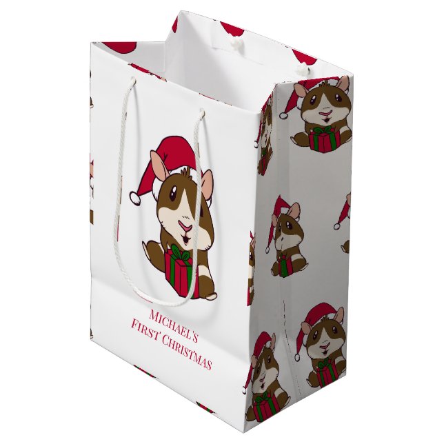 Bolsa De Regalo Mediana Guinea Cerdo primer Mascota navideño personalizado (Angulo Anverso)