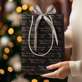 Bolsa De Regalo Mediana Guión de Feliz Aniversario con Nombre Plata Negro