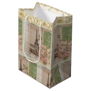 Bolsa De Regalo Mediana Guión de oro de la Torre Eiffel Floral Paris Vint