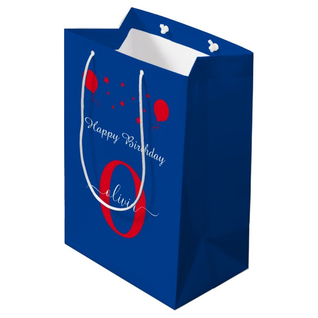 Bolsa De Regalo Mediana Guión monograma Feliz cumpleaños Azul Blanco Rojo (Angulo reverso)