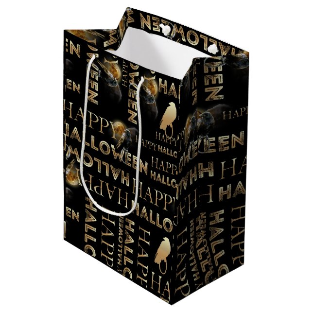 Bolsa De Regalo Mediana Halloween Adulto Moderno De Moda Negra Y Oro (Angulo Anverso)