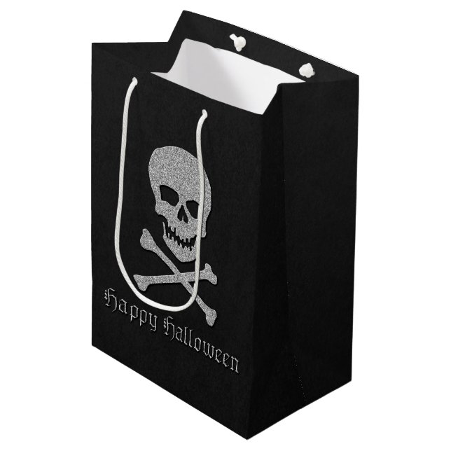 Bolsa De Regalo Mediana Halloween con calaveras plateadas y cruces (Angulo Anverso)