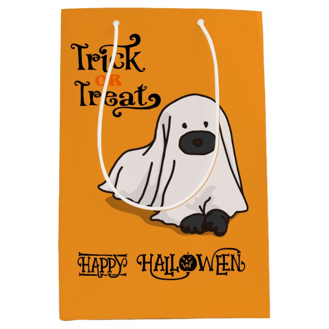 Bolsa De Regalo Mediana Halloween Cute Spooky Whimsical Ghost Dog Naranja (Anverso)