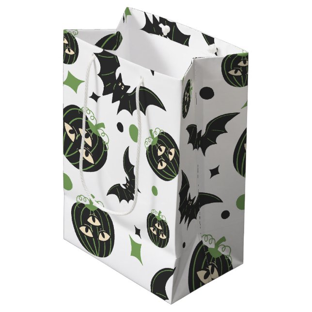 Bolsa De Regalo Mediana Halloween De 3 Calabaza Y Bats Modernos (Angulo Anverso)