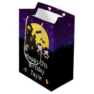 Bolsa De Regalo Mediana Halloween Feliz Cumpleaños Vampiros Morado