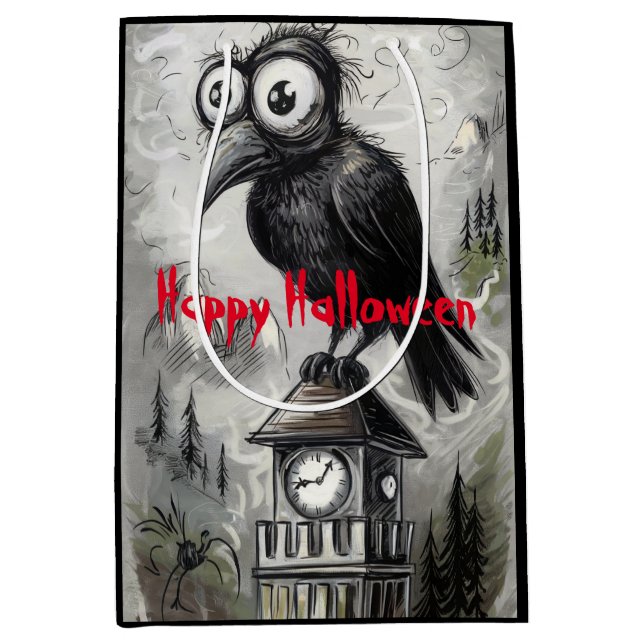 Bolsa De Regalo Mediana Halloween Gótico Black Crow & Tower Spooky (Anverso)