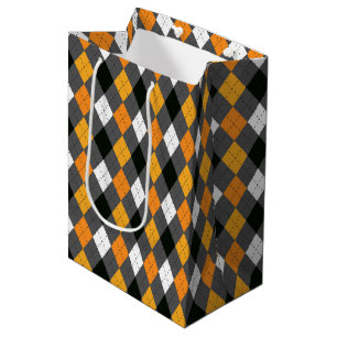 Bolsa De Regalo Mediana Halloween Retro Argyle Naranja Blanco Gris negro