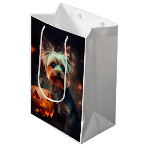 Bolsa De Regalo Mediana Halloween Yorkshire Terrier con calabazas temerosa