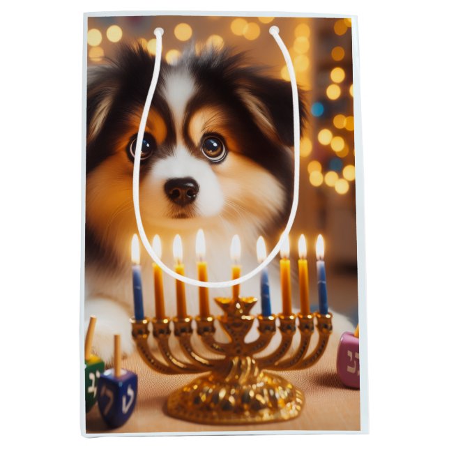 Bolsa De Regalo Mediana Hanukkah Puppy (Anverso)