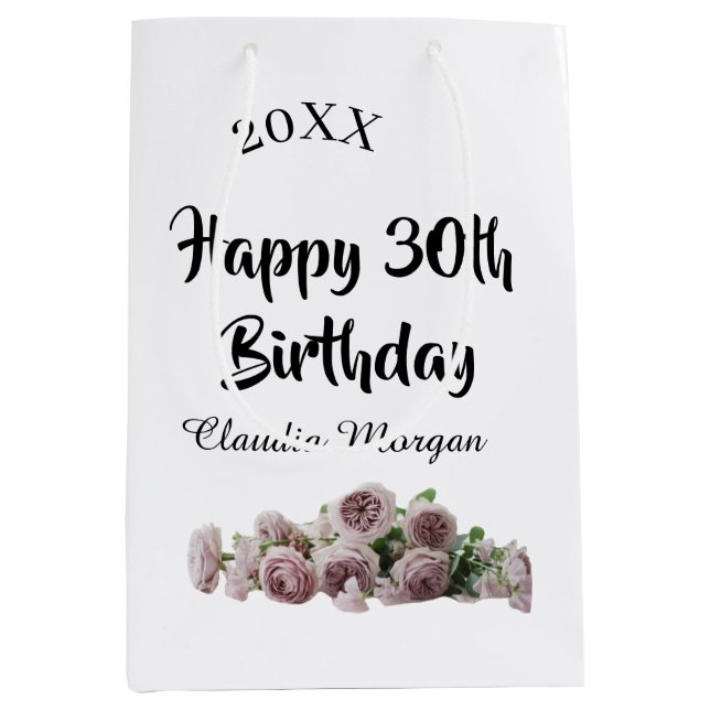 Bolsa De Regalo Mediana Happy 30th birthday pink white mauve floral name y (Anverso)