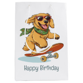 Bolsa De Regalo Mediana Happy Birthday Golden Retriever Dog Skateboarding