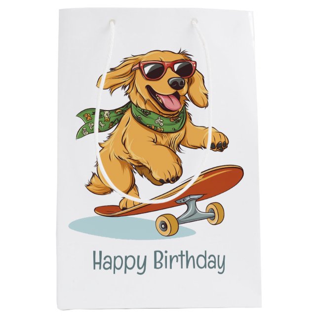 Bolsa De Regalo Mediana Happy Birthday Golden Retriever Dog Skateboarding (Anverso)