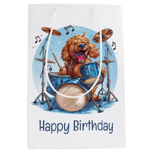 Bolsa De Regalo Mediana Happy Birthday Goldendoodle Dog Playing Drums (Anverso)