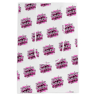 Bolsa De Regalo Mediana Happy Birthday Graffiti Pink & White Bag