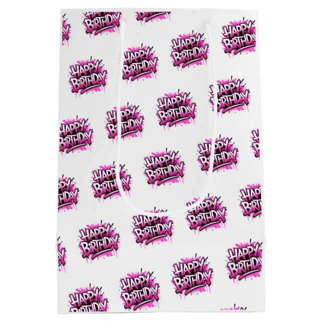 Bolsa De Regalo Mediana Happy Birthday Graffiti Pink & White Bag (Reverso)