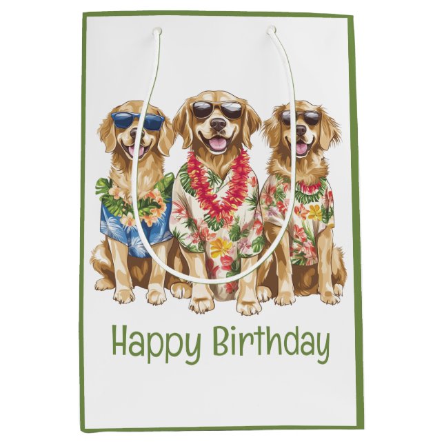 Bolsa De Regalo Mediana Happy Birthday Hawaiian Golden Retriever Dogs (Anverso)