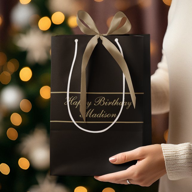 Bolsa De Regalo Mediana Happy Birthday Script Name Black Gold (Subido por el creador)