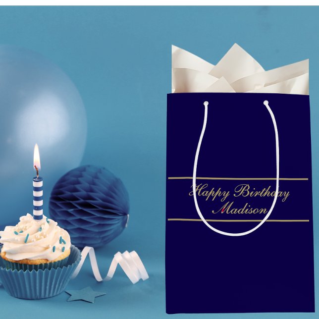 Bolsa De Regalo Mediana Happy Birthday Script Name Blue Gold (Subido por el creador)