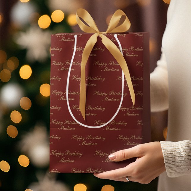Bolsa De Regalo Mediana Happy Birthday Script Name Burgundy Gold (Subido por el creador)