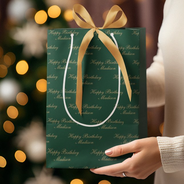 Bolsa De Regalo Mediana Happy Birthday Script Name Green Gold (Subido por el creador)
