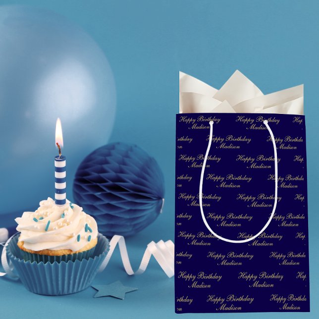 Bolsa De Regalo Mediana Happy Birthday Script Name Navy Blue Gold (Subido por el creador)