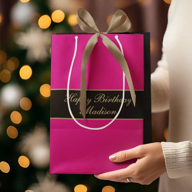 Bolsa De Regalo Mediana Happy Birthday Script Name Pink Black Gold (Subido por el creador)