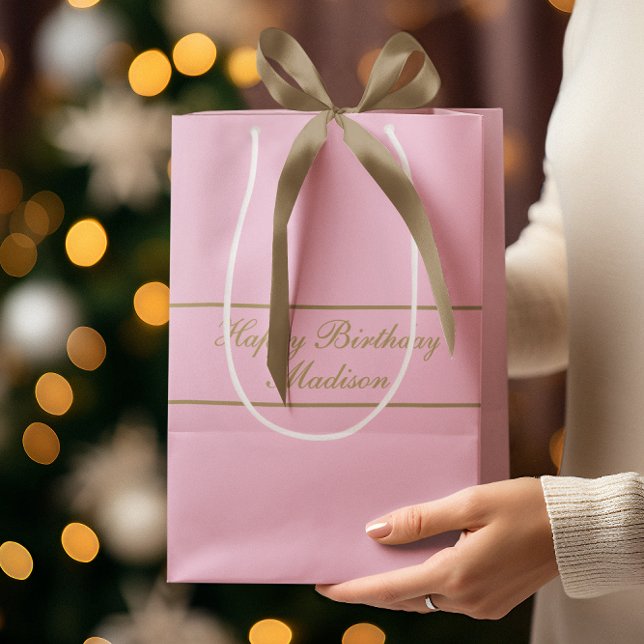 Bolsa De Regalo Mediana Happy Birthday Script Name Powder Pink Gold (Subido por el creador)