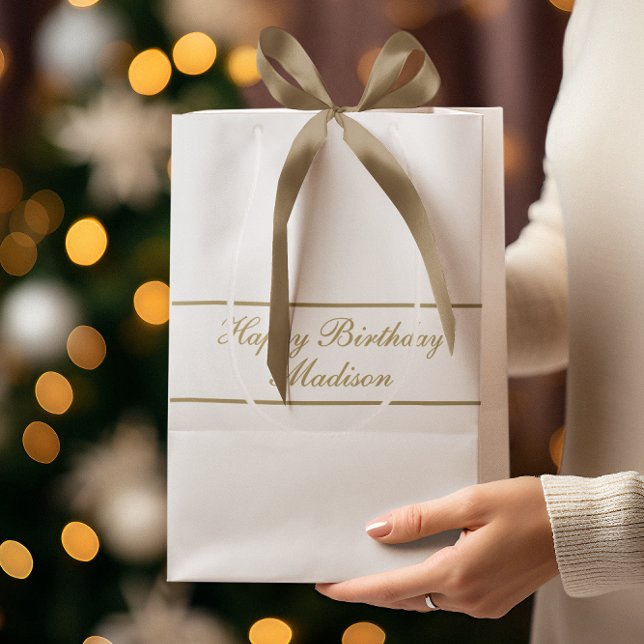 Bolsa De Regalo Mediana Happy Birthday Script Name White Gold (Subido por el creador)