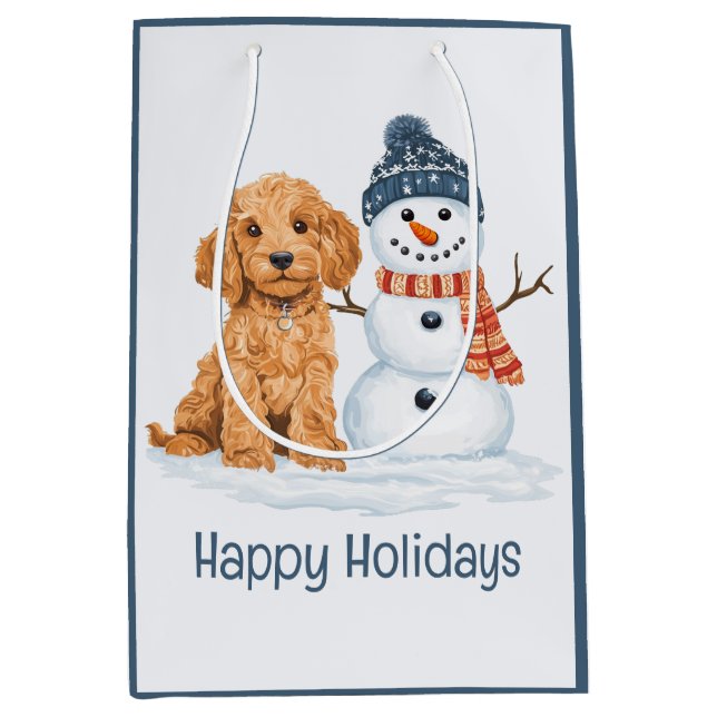 Bolsa De Regalo Mediana Happy Holidays Winter Goldendoodle Dog Snowman (Anverso)