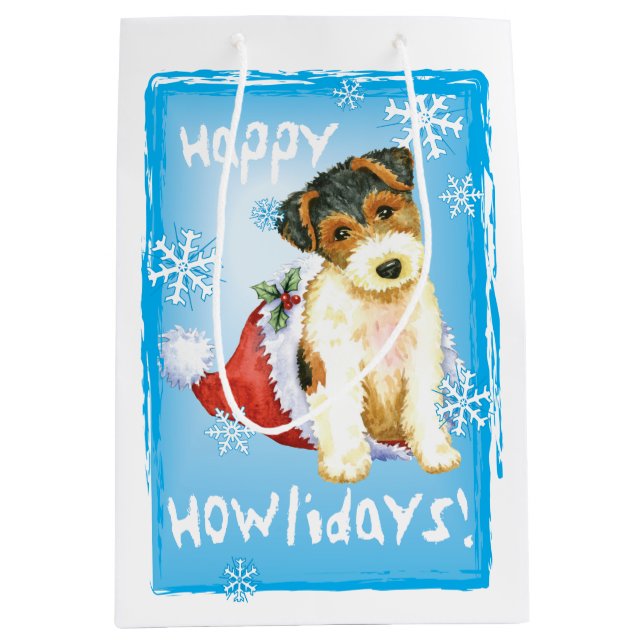 Bolsa De Regalo Mediana Happy Howlidays Wire Fox Terrier (Anverso)