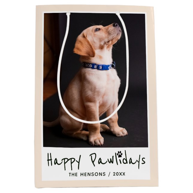 Bolsa De Regalo Mediana Happy Pawlidays Funny Pun Mascota Photo (Anverso)