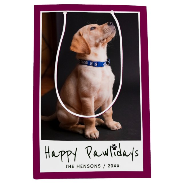 Bolsa De Regalo Mediana Happy Pawlidays Funny Pun Mascota Photo (Anverso)