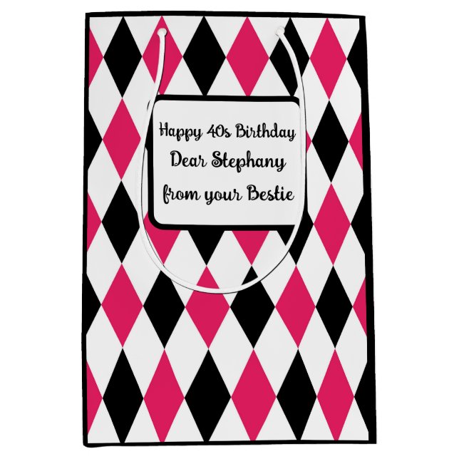 Bolsa De Regalo Mediana Harlequin Elegante Diamante Geométrico Blanco Negr (Anverso)