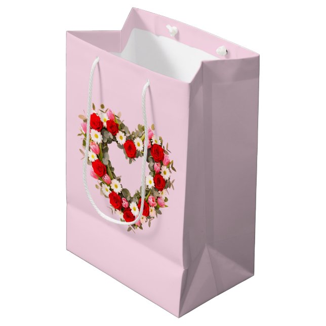 Bolsa De Regalo Mediana Heart Shaped Floral Wreath Roses Daisies Tulips (Angulo Anverso)