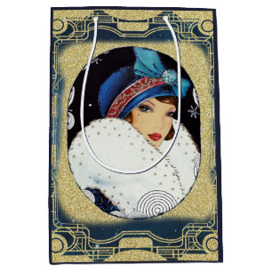 Bolsa De Regalo Mediana Hermosa chica flapper de Navidad en azul y dorado