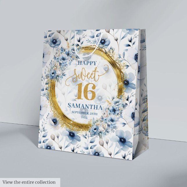 Bolsa De Regalo Mediana Hermosas flores azules claras dulces 16 Purpurinas (Beautiful Light Blue Flowers Sweet 16 Gold Glitter Medium Gift Bag )