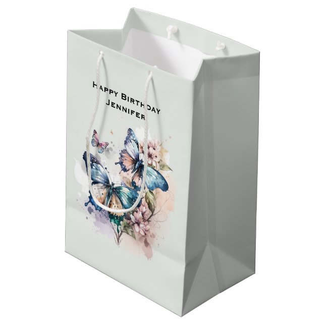 Bolsa De Regalo Mediana Hermosas mariposas y flores Cumpleaños (Angulo reverso)