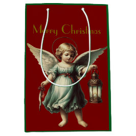 Bolsa De Regalo Mediana Hermoso ángel y linterna de Navidad vintage