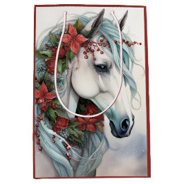 Bolsa De Regalo Mediana Hermoso caballo blanco con Navidades de flores roj