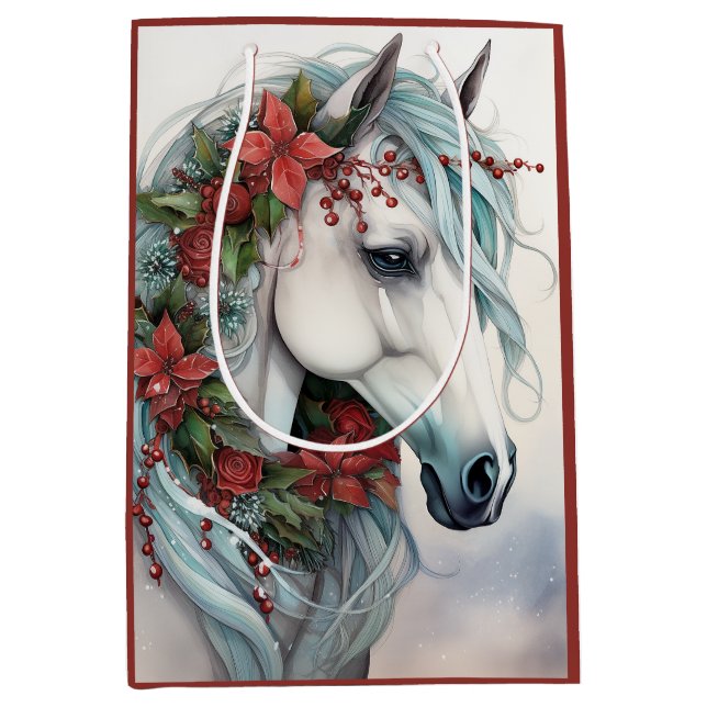Bolsa De Regalo Mediana Hermoso caballo blanco con Navidades de flores roj (Anverso)