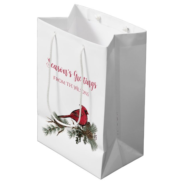 Bolsa De Regalo Mediana Hermoso Cardenal Rojo En Una Sucursal De Navidades (Angulo Anverso)