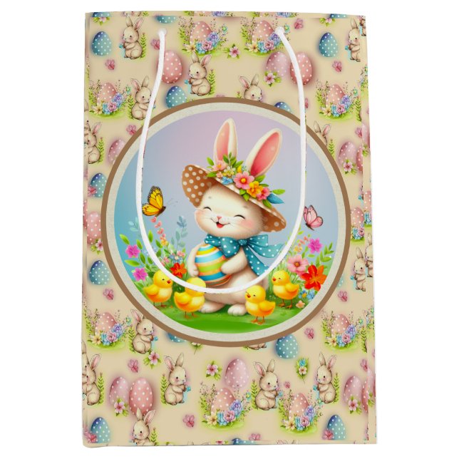 Bolsa De Regalo Mediana Hermoso conejo de Pascua y Feliz Fiesta de Flores  (Anverso)