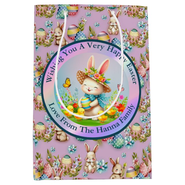 Bolsa De Regalo Mediana Hermoso conejo de Pascua y Feliz Fiesta de Flores  (Anverso)